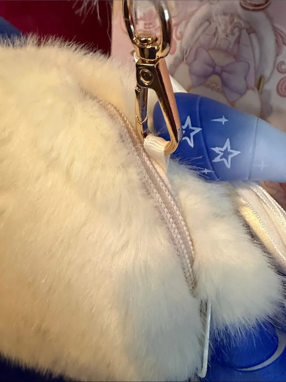 Samael Bag the Cuteness Plush Cream Kids Handbag with Blue Ribbon & Pearl Detail